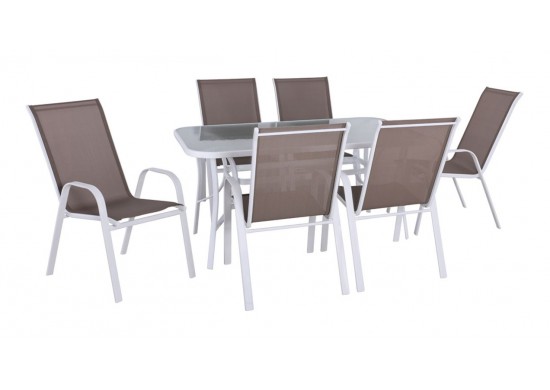 ΤΡΑΠΕΖΙ ΣΕΤ ΜΕΤΑΛΛΙΚΟ ΑΣΠΡΟ ΜΕ 6 ΠΟΛΥΘΡΟΝΕΣ